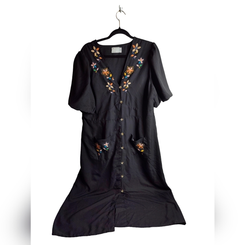 ☀ASOS Design Women's Midi Length embroidered button front dress, puff sleeve, 14
